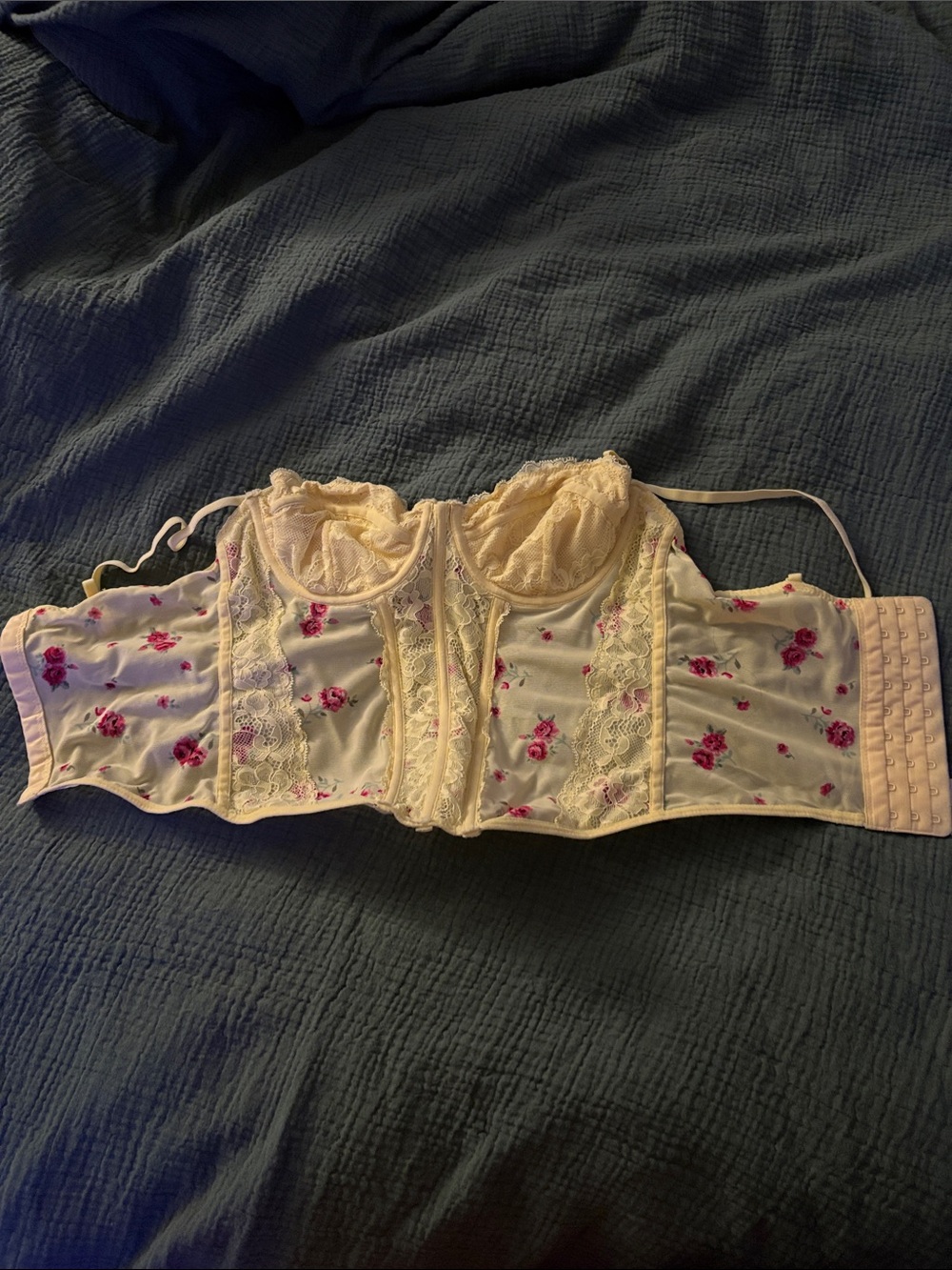 Garage Cream Lace Longline Bustier with Pink Floral Embroidery
